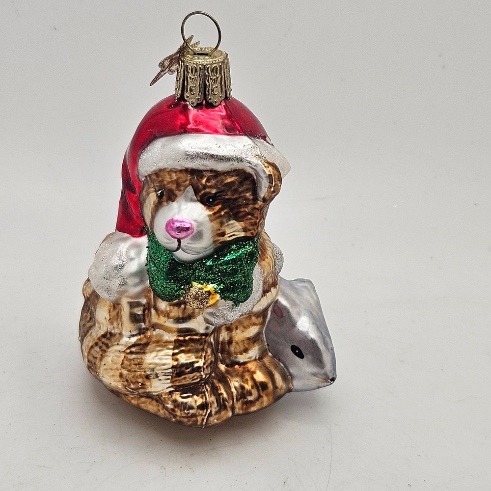 Vintage OWC Glass Cat‎ & Mouse Christmas Ornament Santa Hat